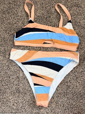 Roxy Blue Orange Striped Bikini Set XL